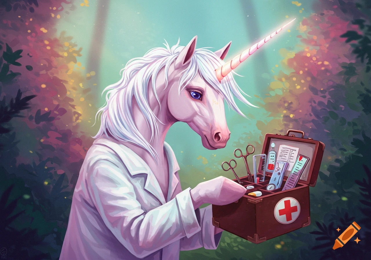 A unicorn wearing a white coat examines a medical kit in a forest clearing.