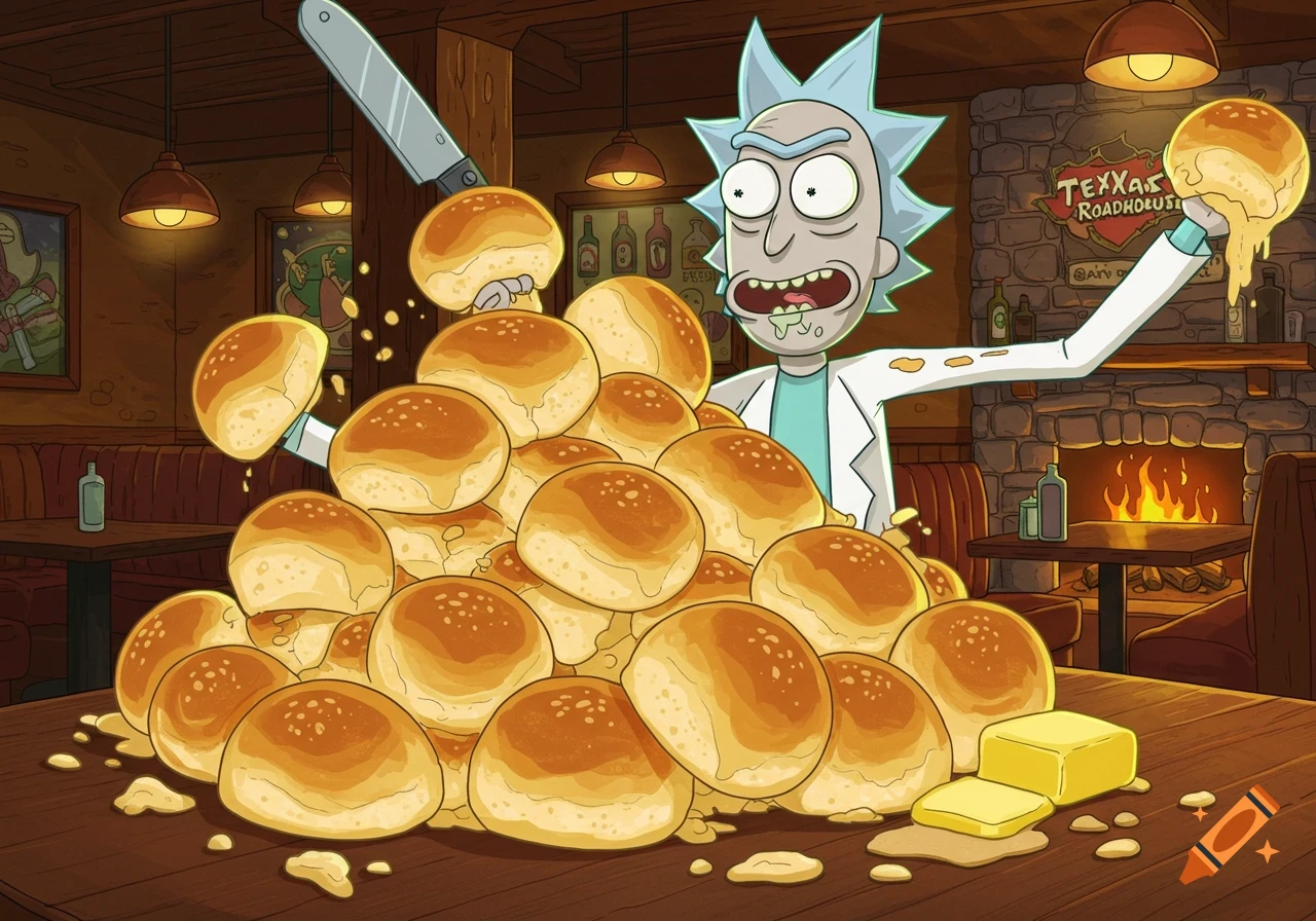 Rick Sanchez in a cartoon style standing behind a large pile of buttery breadrolls in a restaurant.