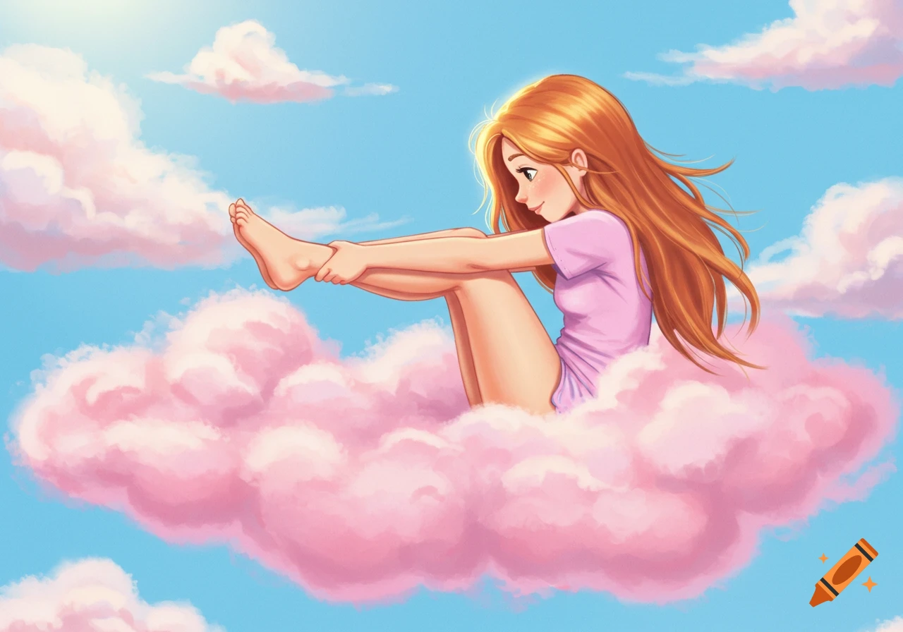 Illustration of a girl sitting on a pink cloud in the sky.