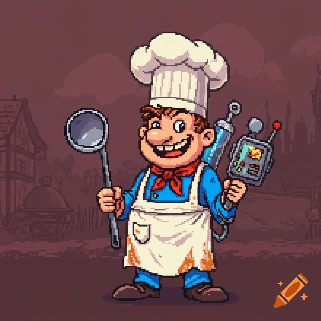 A pixel art drawing of a smiling chef holding a ladle and a sci-fi device.