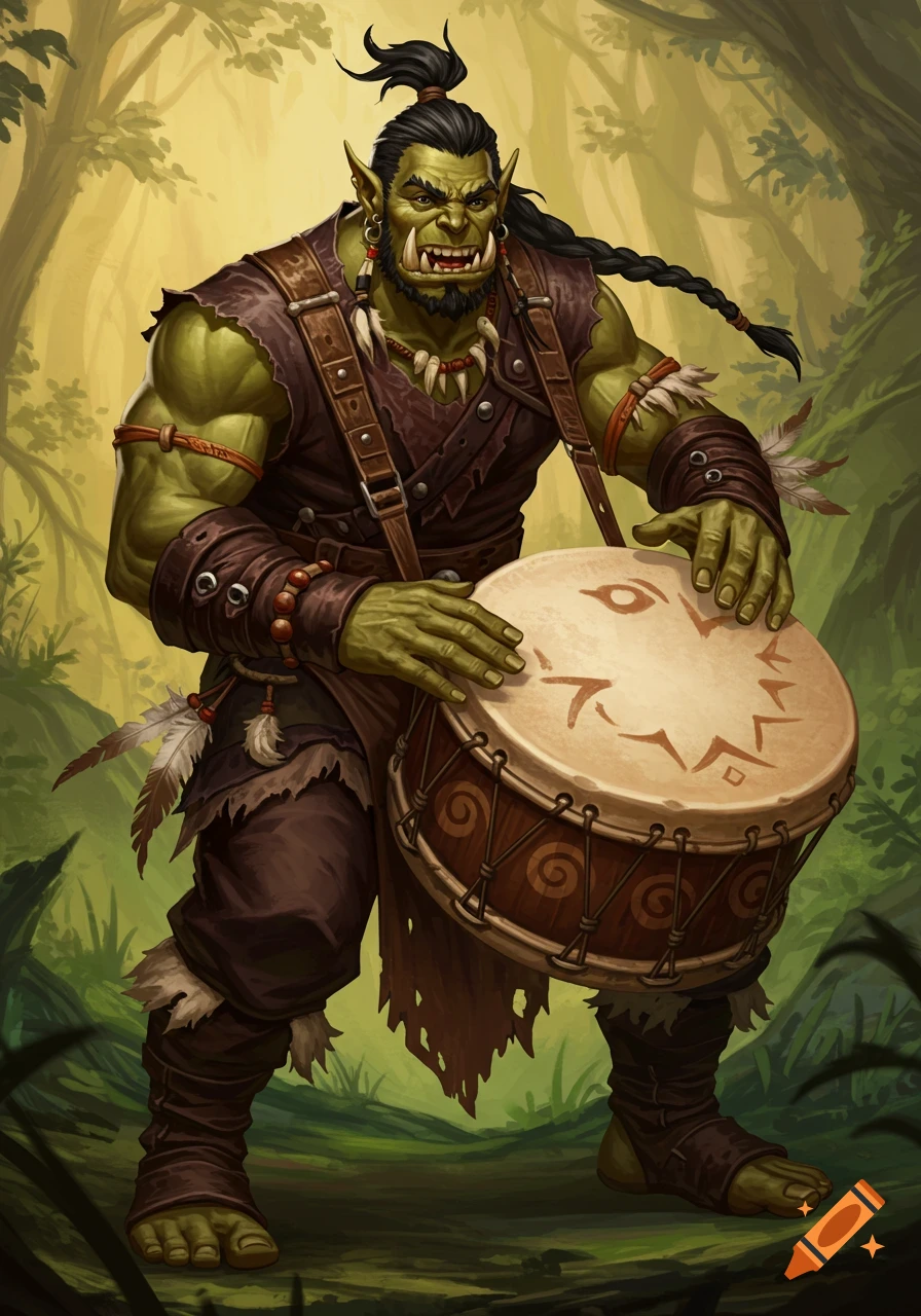An Orc playing a drum in a forest.