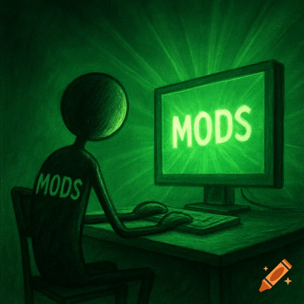 Green-lit sketch of a stick figure using a computer with the word "MODS" on the screen and back.