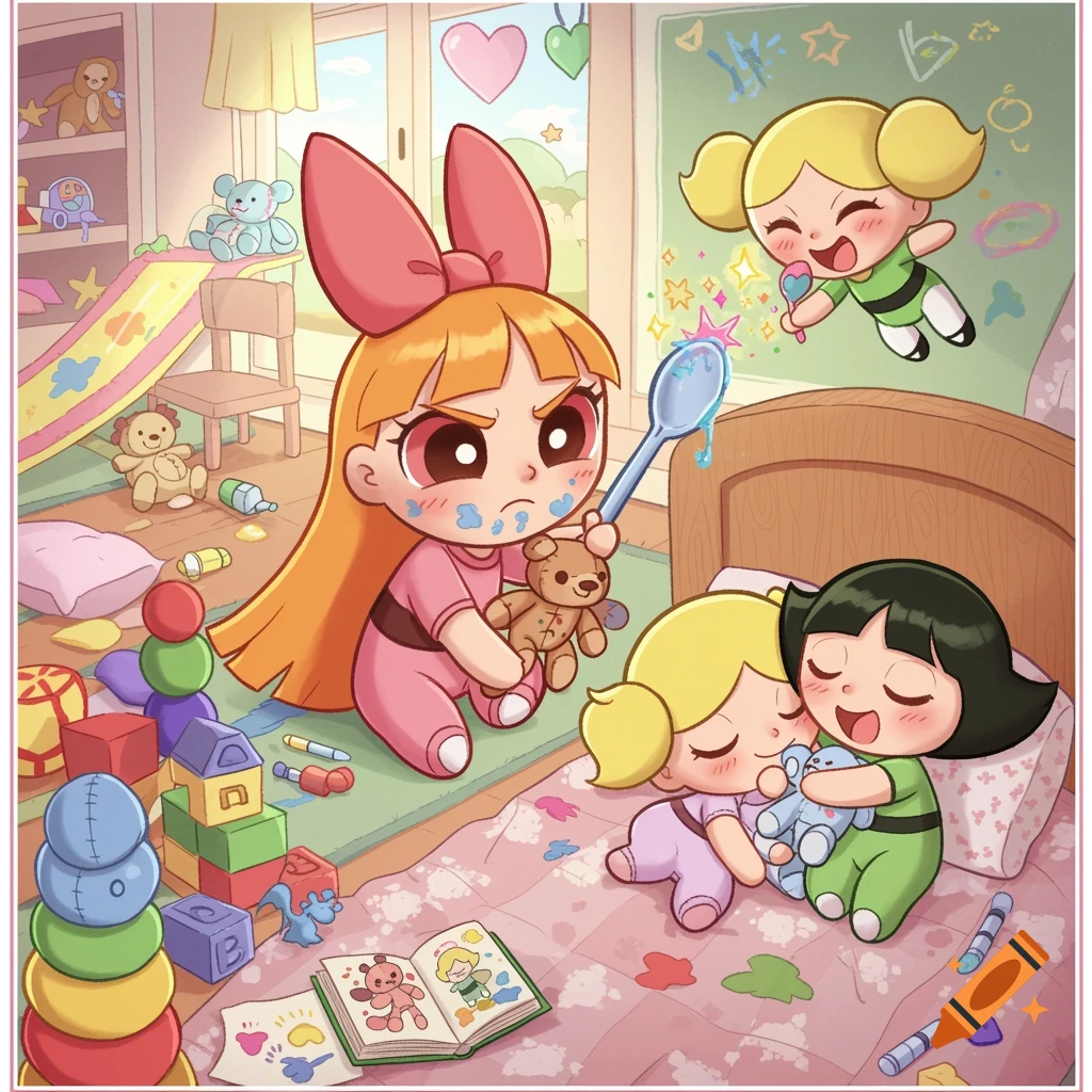 Anime illustration of baby Powerpuff Girls playing in a messy nursery. Blossom is covered in paint, Bubbles floats, and two sleep together.