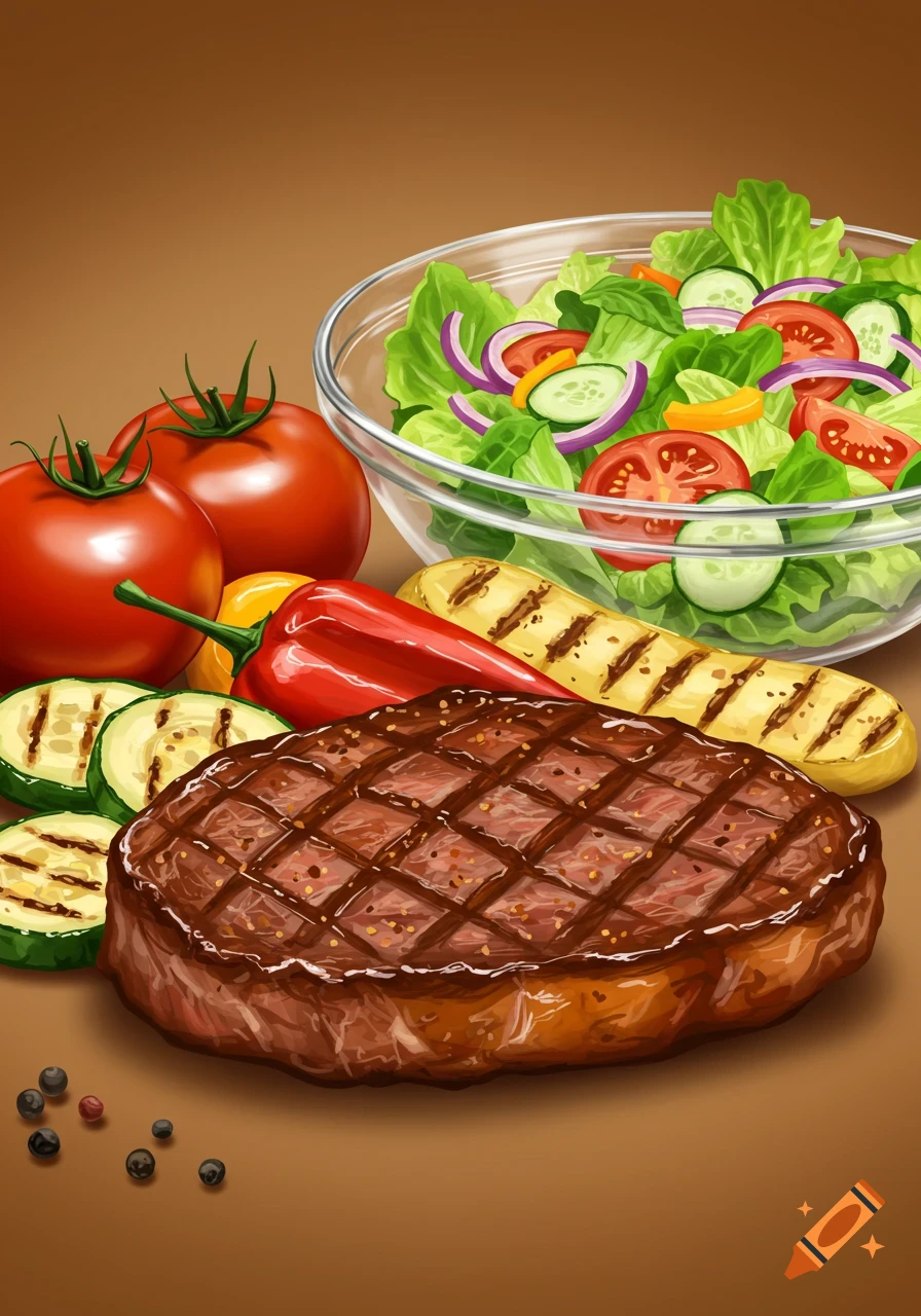 An illustrated steak, salad, and grilled vegetables.