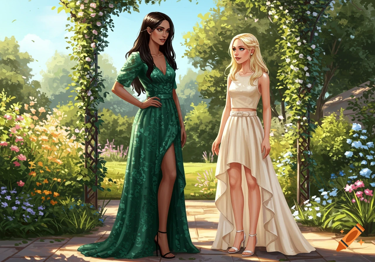Two women in elegant green and cream dresses in a sunny garden. on Craiyon Two women in elegant green and cream dresses in a sunny garden. on Craiyon