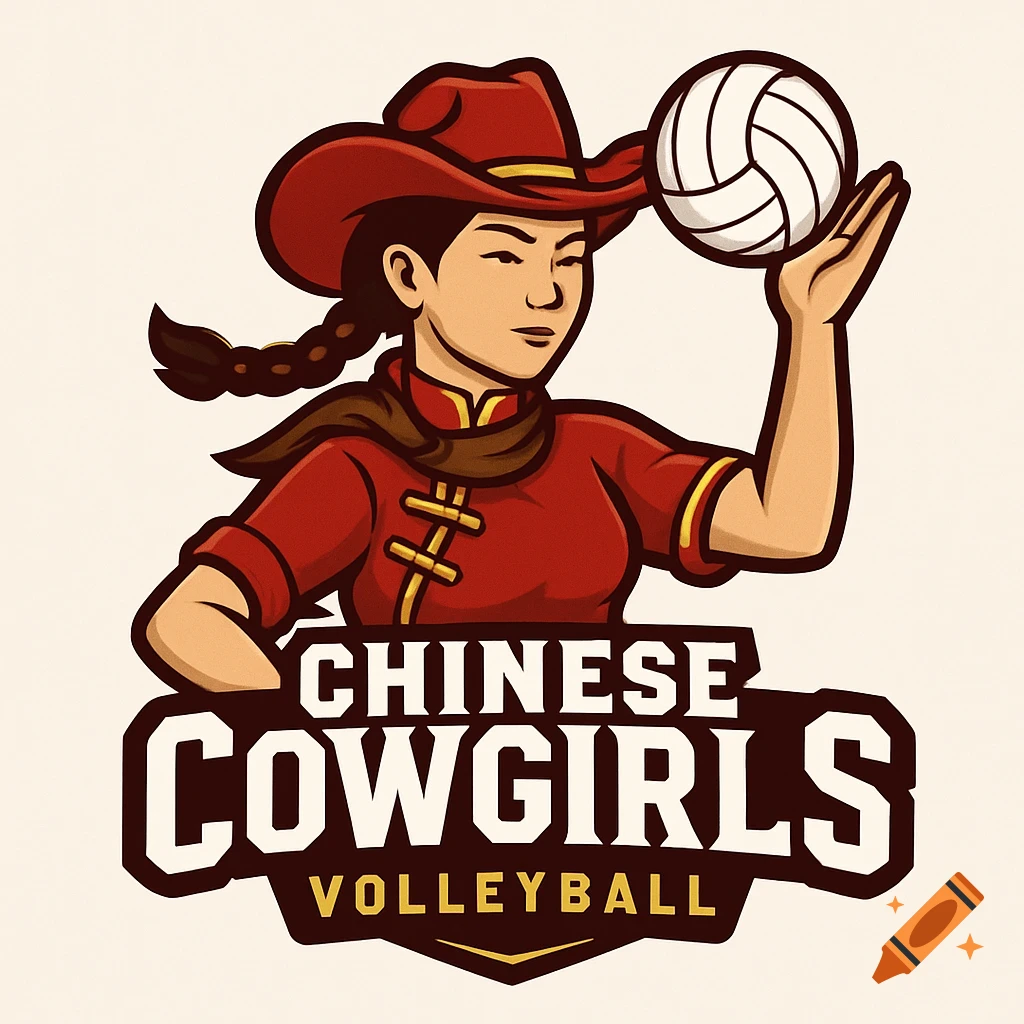Logo of a woman in a cowboy hat and red Chinese-style clothing holding a volleyball, with text 'Chinese Cowgirls Volleyball'.