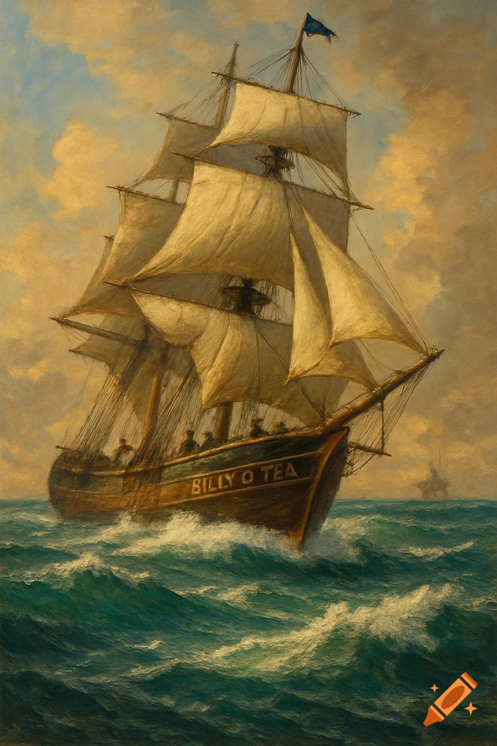 Painting of a tall ship sailing on rough waves.