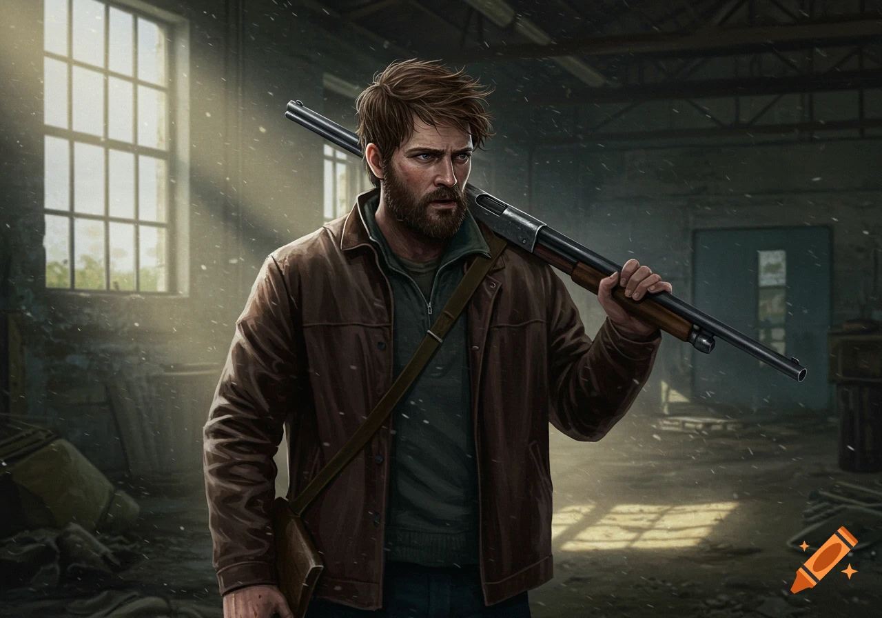 A bearded man with a shotgun over his shoulder stands in a dusty room. Digital art.