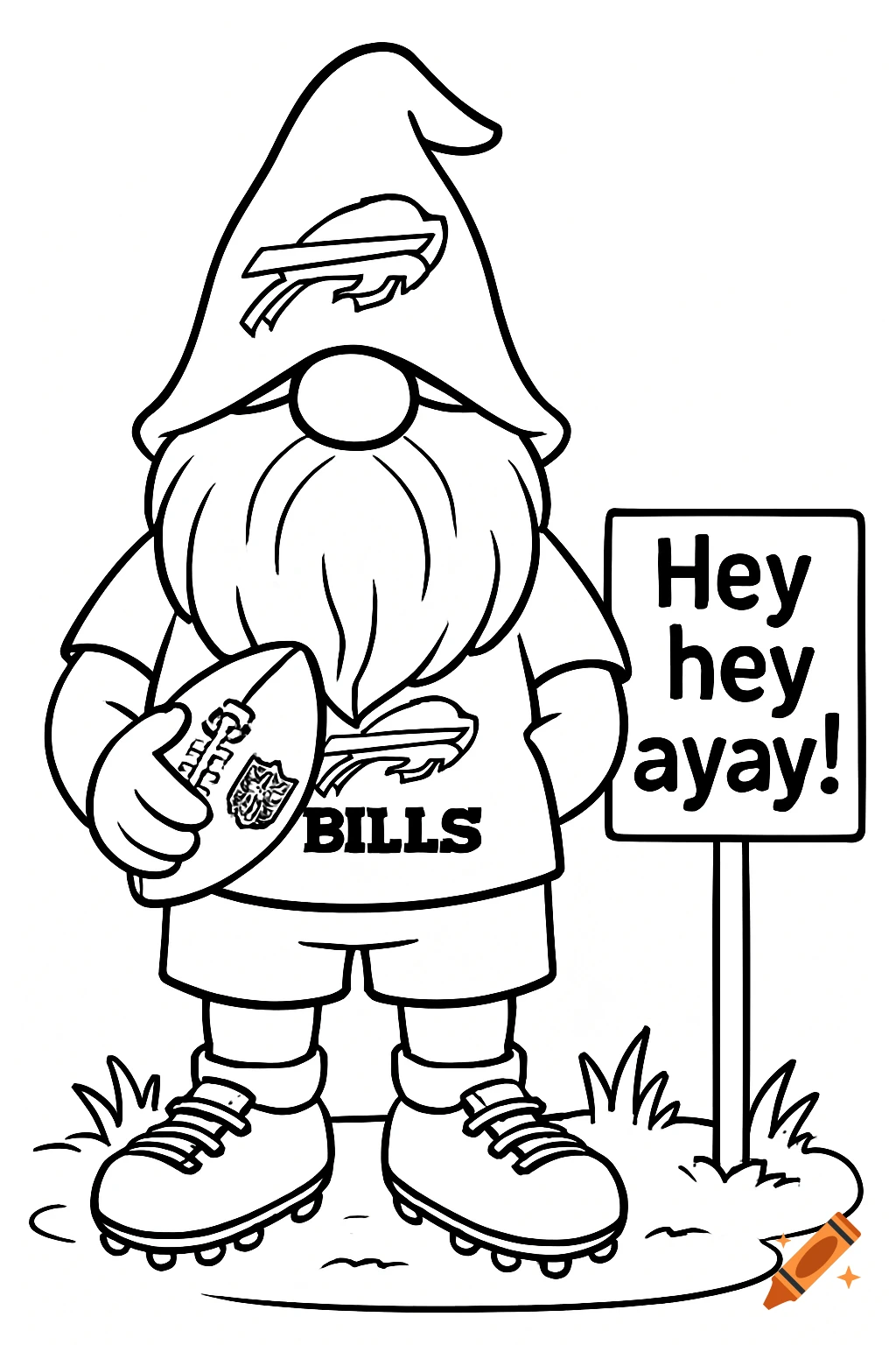 Black and white coloring page of a gnome in a Buffalo Bills shirt holding a football next to a sign.
