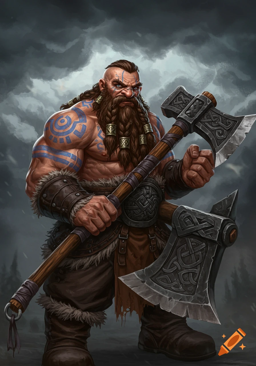 A muscular fantasy dwarf barbarian with blue tribal tattoos holds a large greataxe against a stormy sky. Digital illustration.