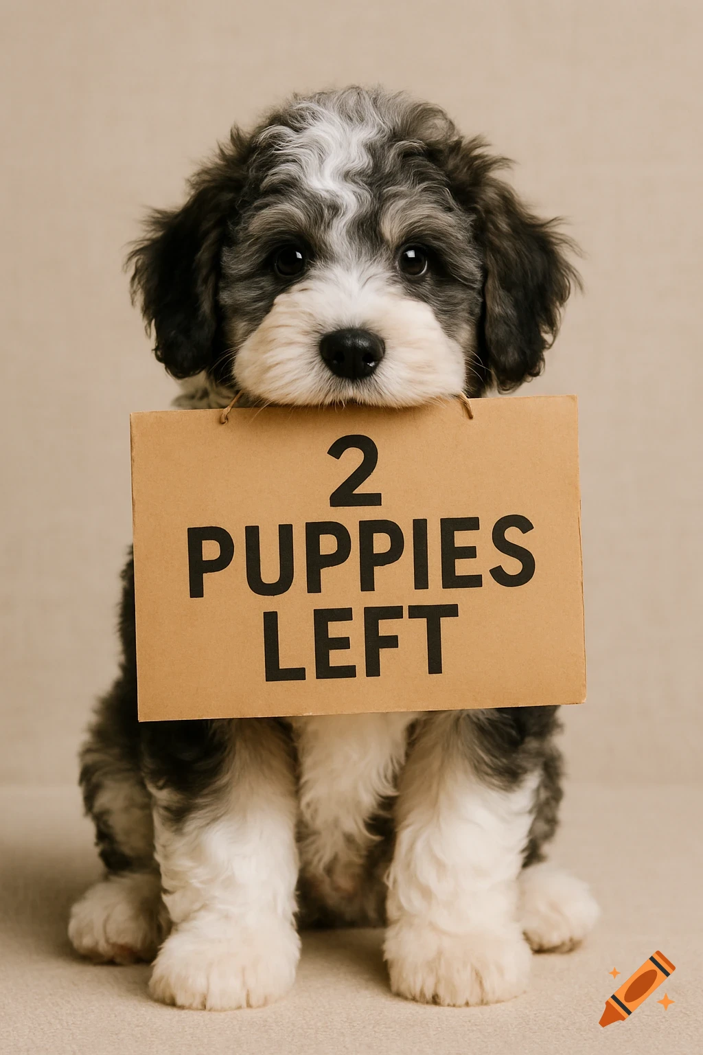 A mini sheepadoodle puppy holds a sign that reads '2 PUPPIES LEFT'.