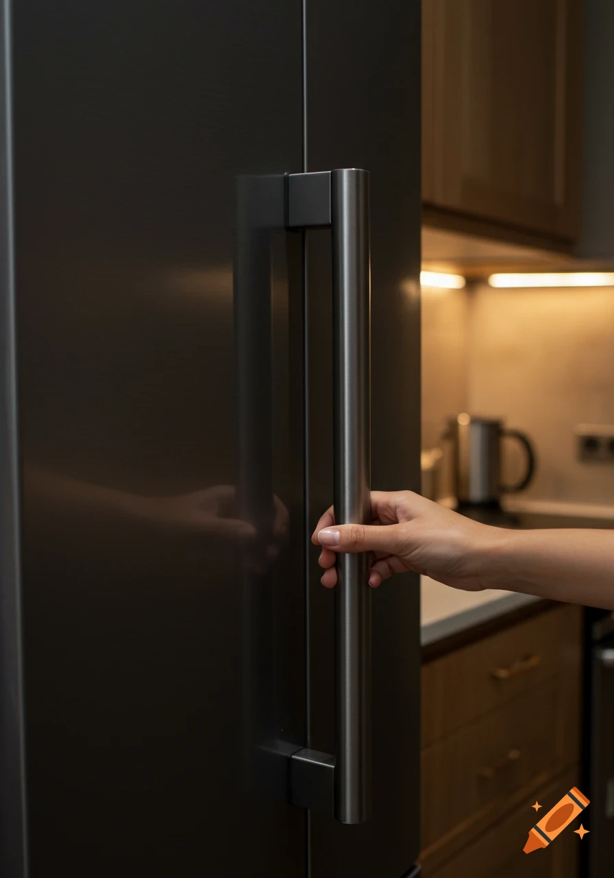 Close up of a hand reaching for a stainless steel refrigerator handle in a kitchen.