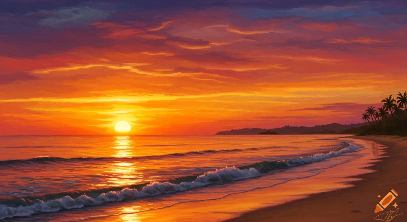 A vibrant digital painting of a beach at sunset with orange and purple ...
