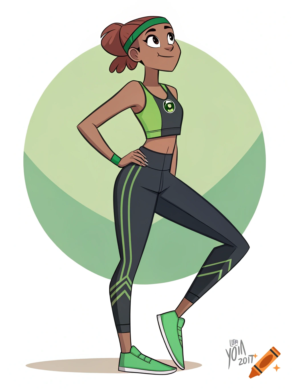 Cartoon character in green and black athletic wear poses