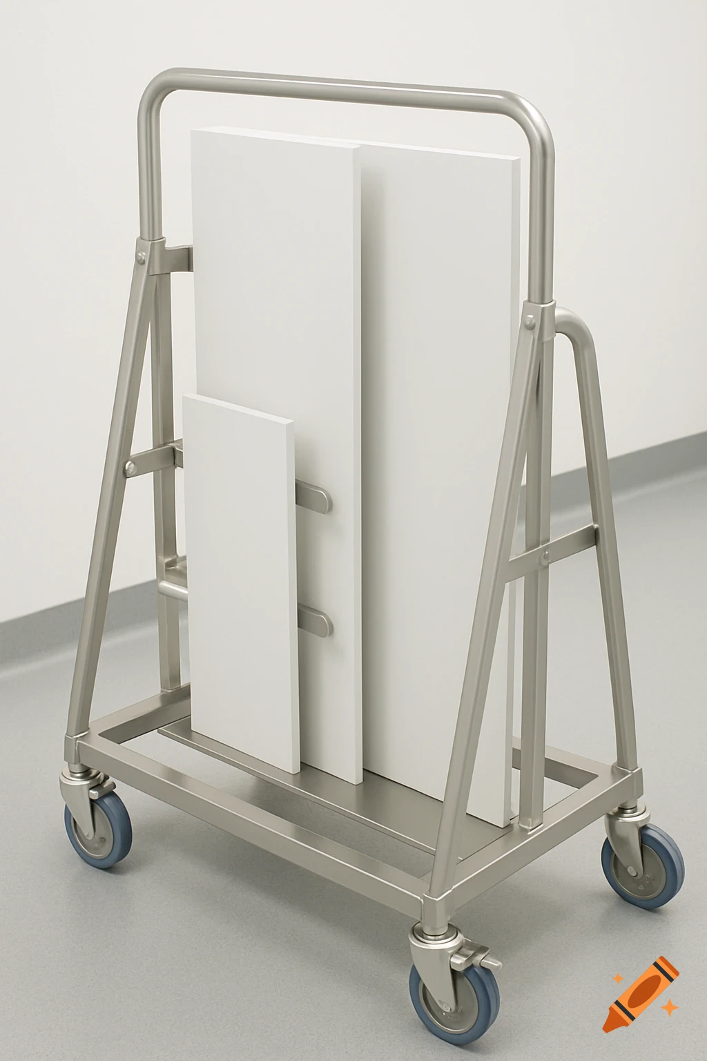Metal cart with blue wheels holding white panels in a clean room