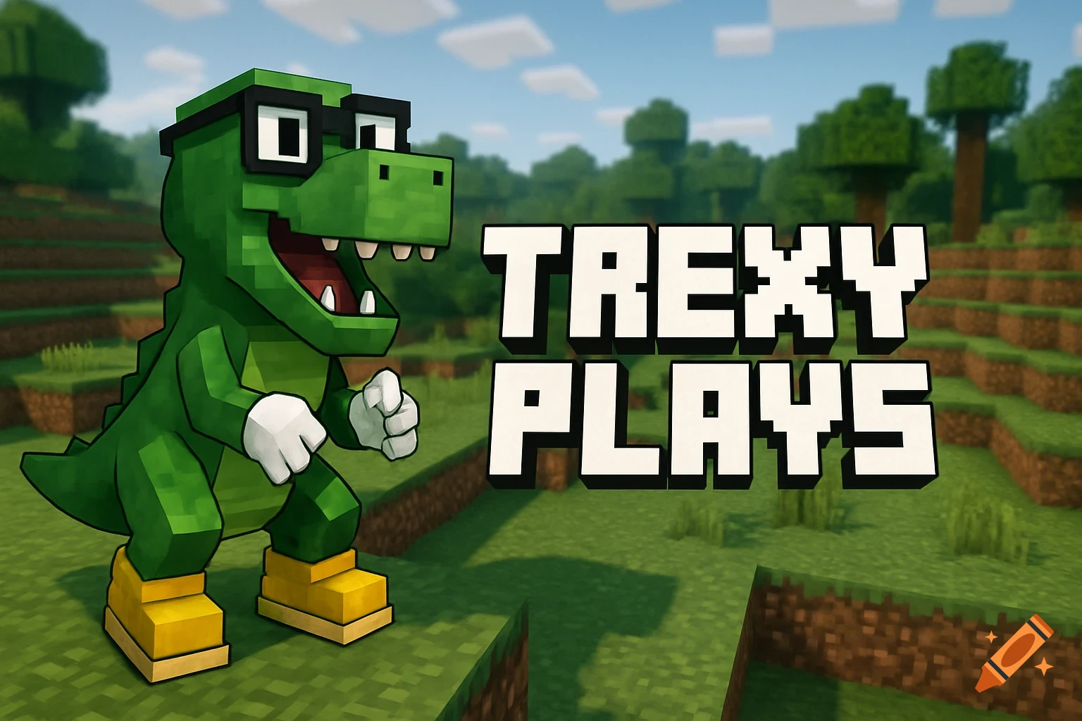 Minecraft style cartoon dinosaur character with glasses and yellow shoes in a blocky world with 'TREXY PLAYS' text.