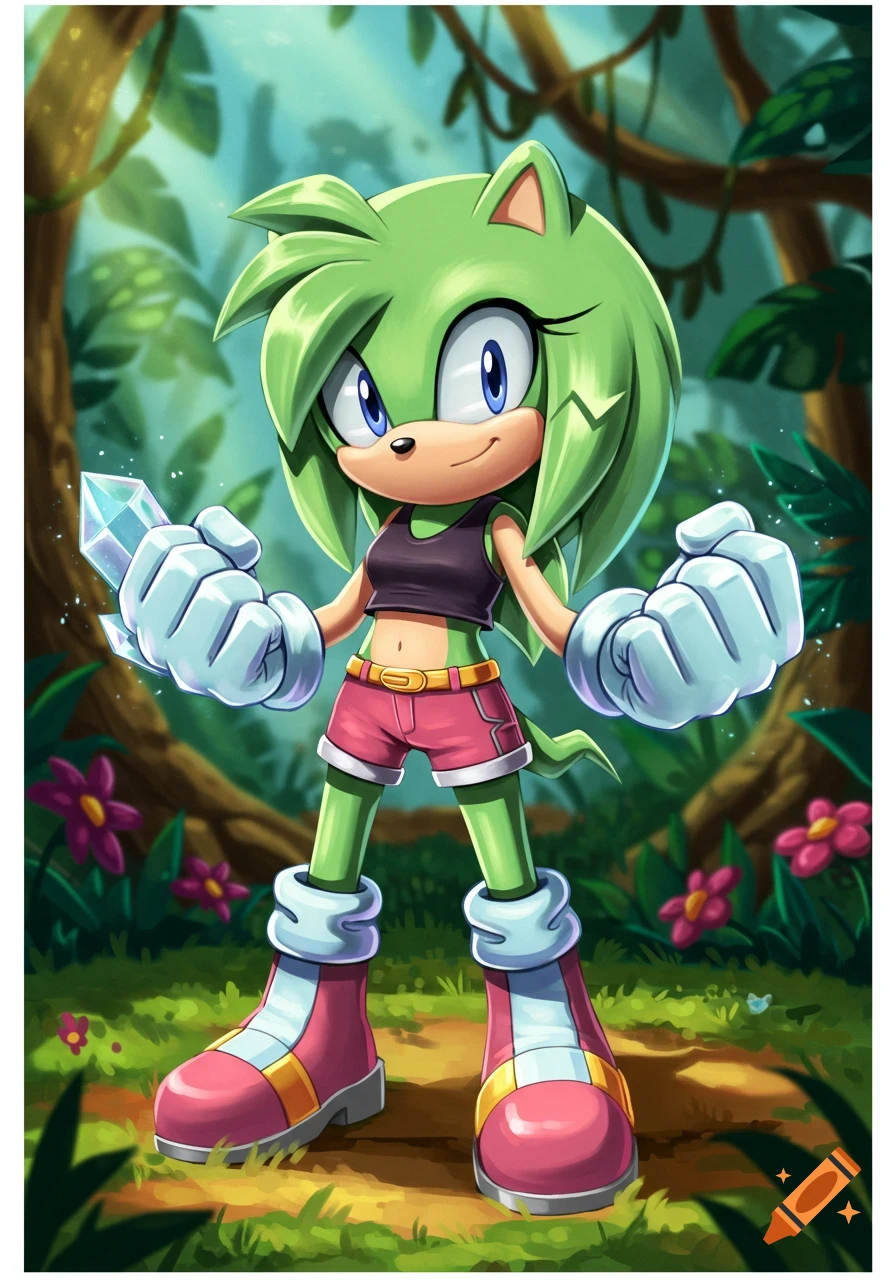 A green echidna girl in a forest holds a crystal.