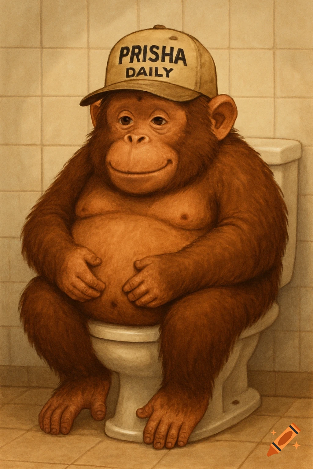 Illustration of a monkey sitting on a toilet wearing a baseball cap.