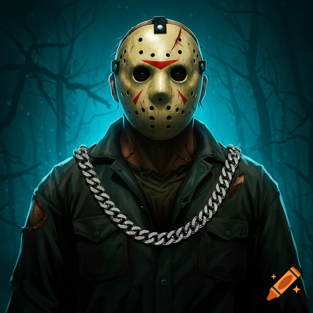 Close-up portrait of Jason Voorhees in a hockey mask wearing a Cuban link chain in dark woods.