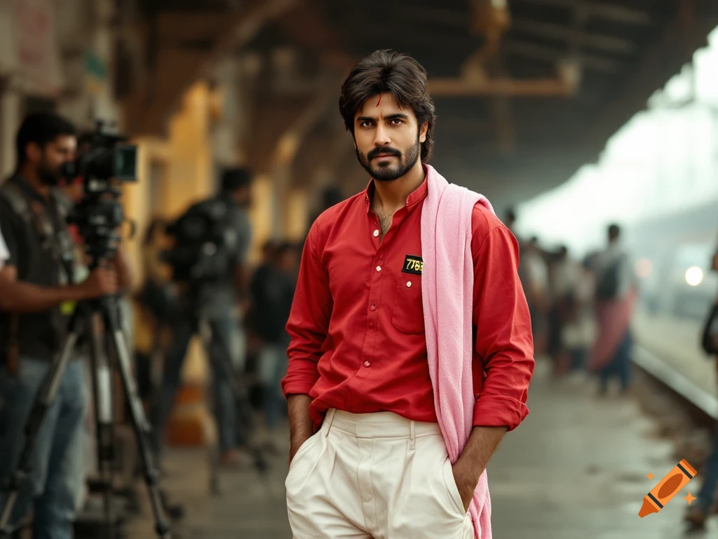 A young man dressed as a railway porter stands at a train station with a film crew in the background.