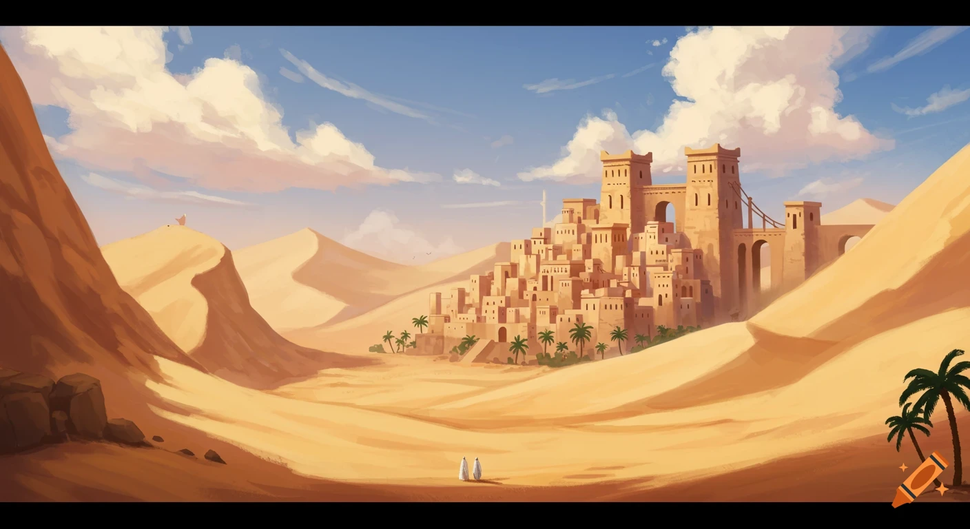 An ancient city built into sand dunes in a desert landscape, with palm trees and two figures approaching.