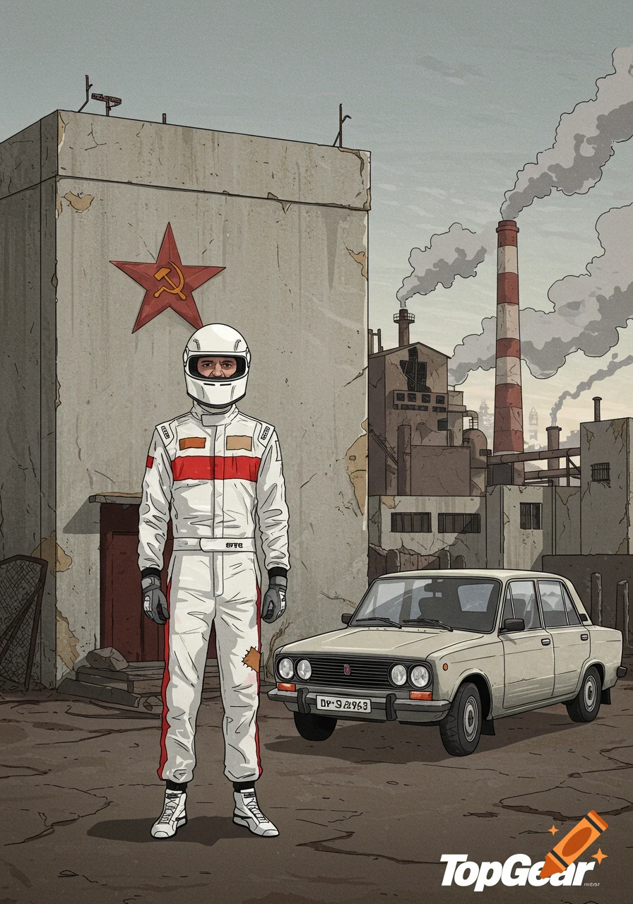 Illustration of The Stig in a Soviet-era setting with a Lada car and a factory in the background.