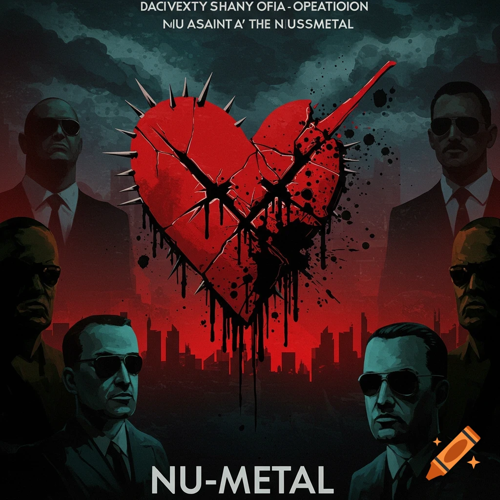 Dark art featuring a spiked, cracked heart dripping liquid, surrounded by men in suits and sunglasses against an urban backdrop with text 'NU-METAL'.