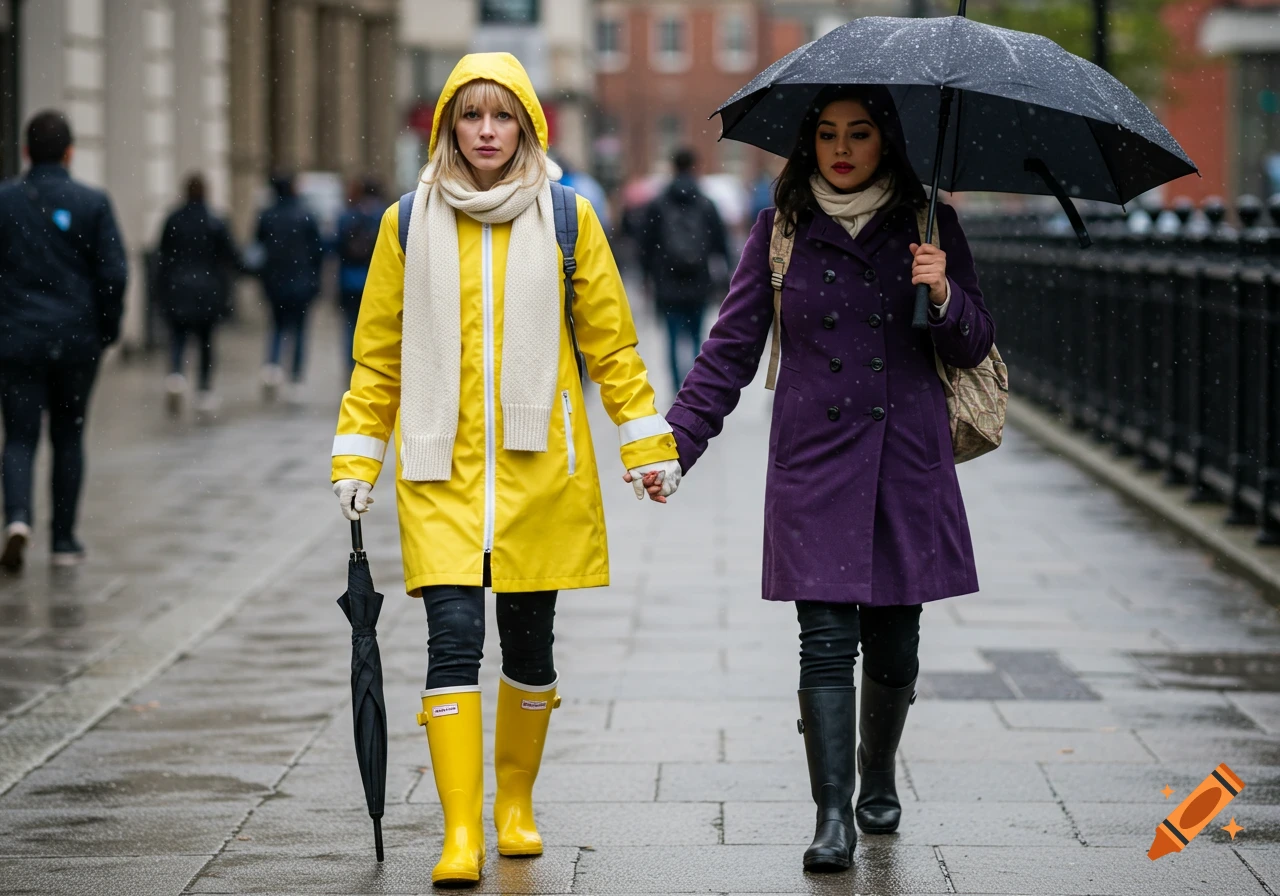 Two women walk hand-in-hand down a city street in the rain, one in a yellow raincoat, the other a purple coat, holding an umbrella.