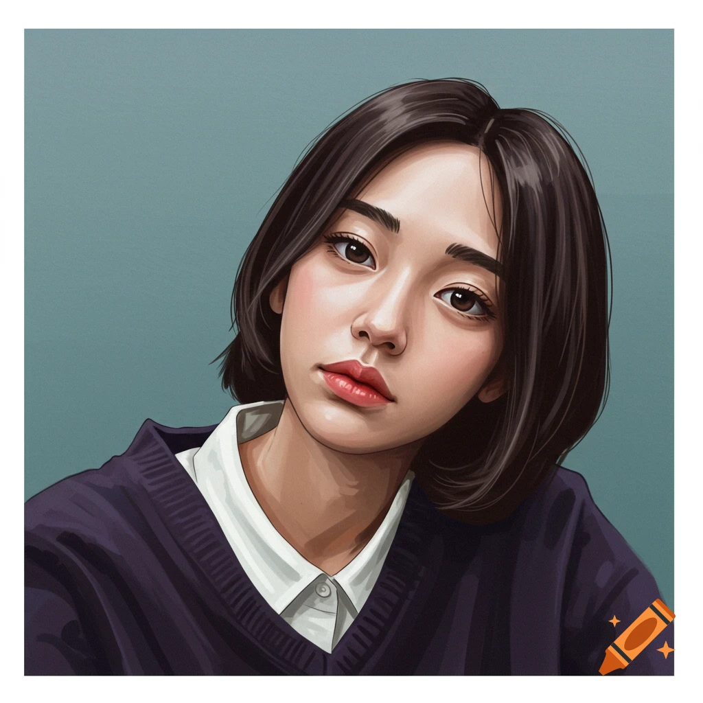 A stylized digital portrait of a young woman with short dark hair ...