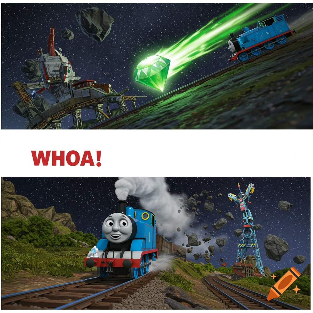 Split image with 'WHOA!' text. Top: Thomas train chases glowing green gem near space platform. Bottom: Thomas on tracks amidst falling rocks and tower.