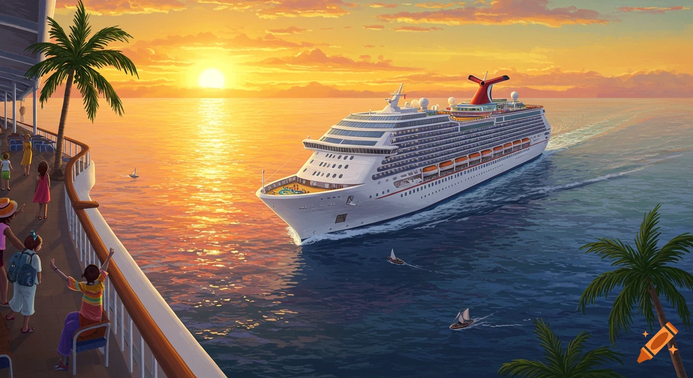 Large cruise ship sails on the ocean into a golden sunset, viewed from a deck with people watching. Illustration.