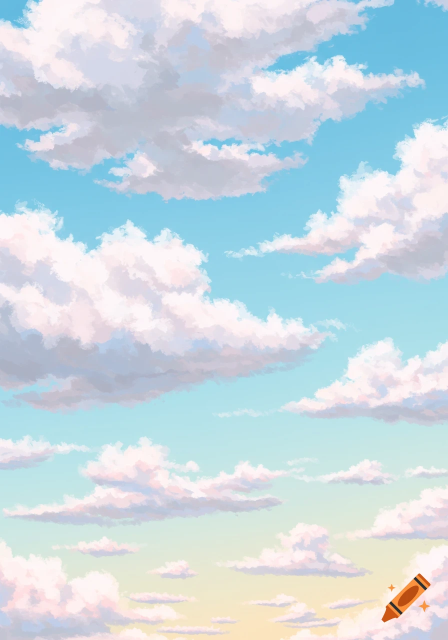 A drawing of fluffy white and grey clouds filling a bright blue sky, with a hint of soft yellow and pink light at the bottom.