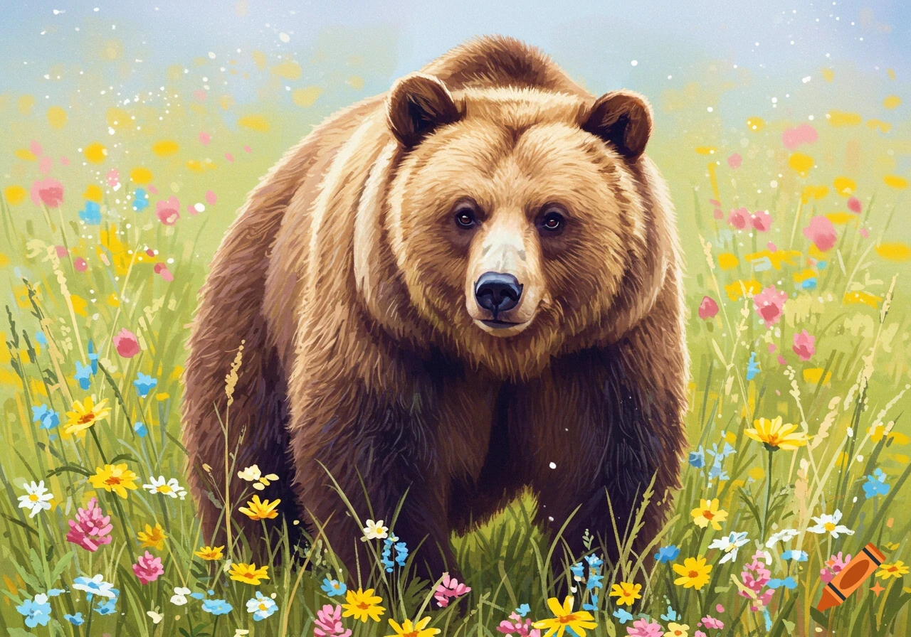 A brown bear stands among wildflowers in a field, illustrated style.