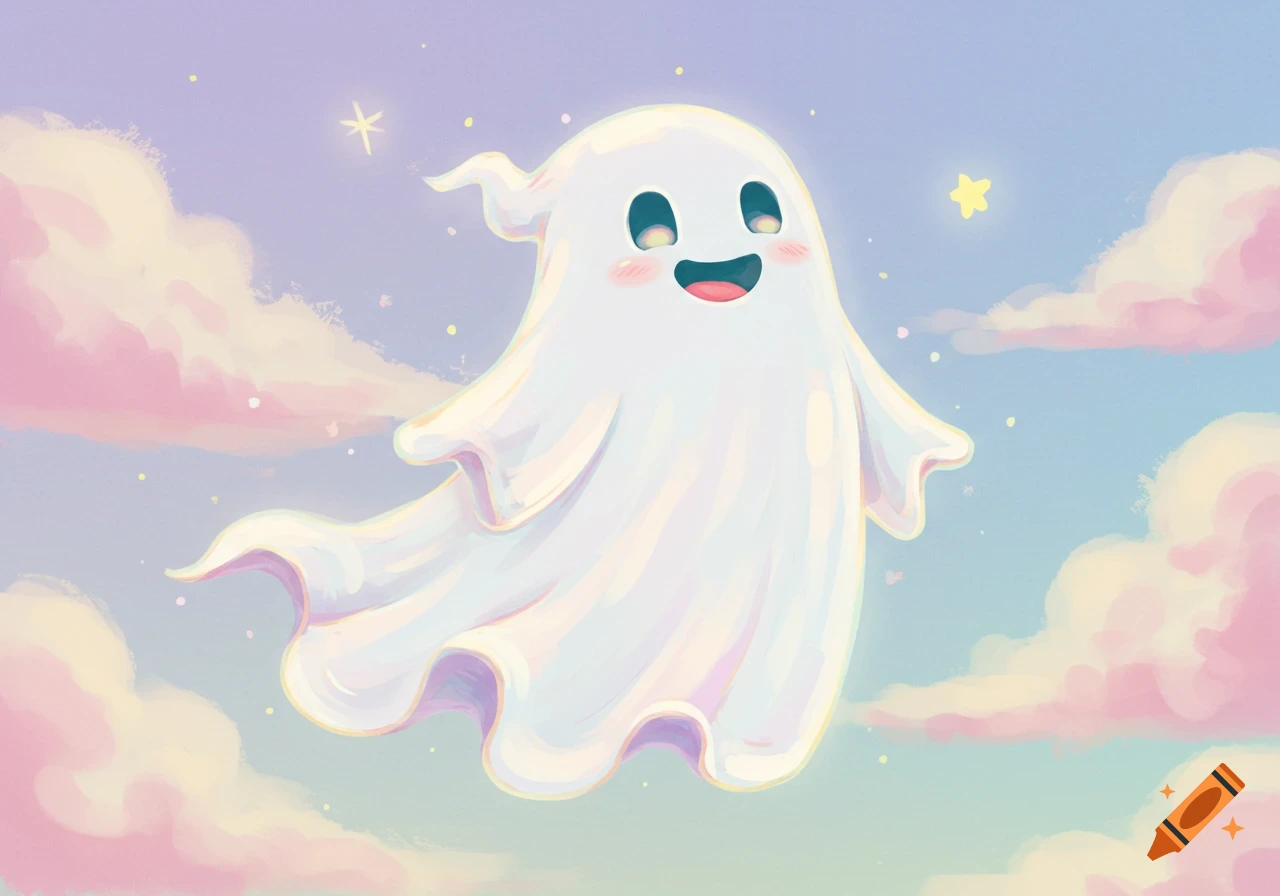 Cute cartoon ghost floating in a pastel sky with pink clouds and stars.