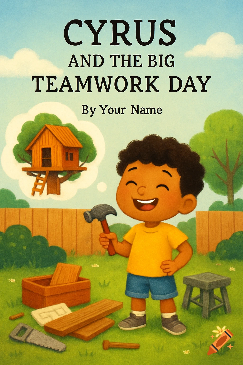 Children's book cover illustration of a boy with a hammer, wood, and imagined treehouse, with title text.