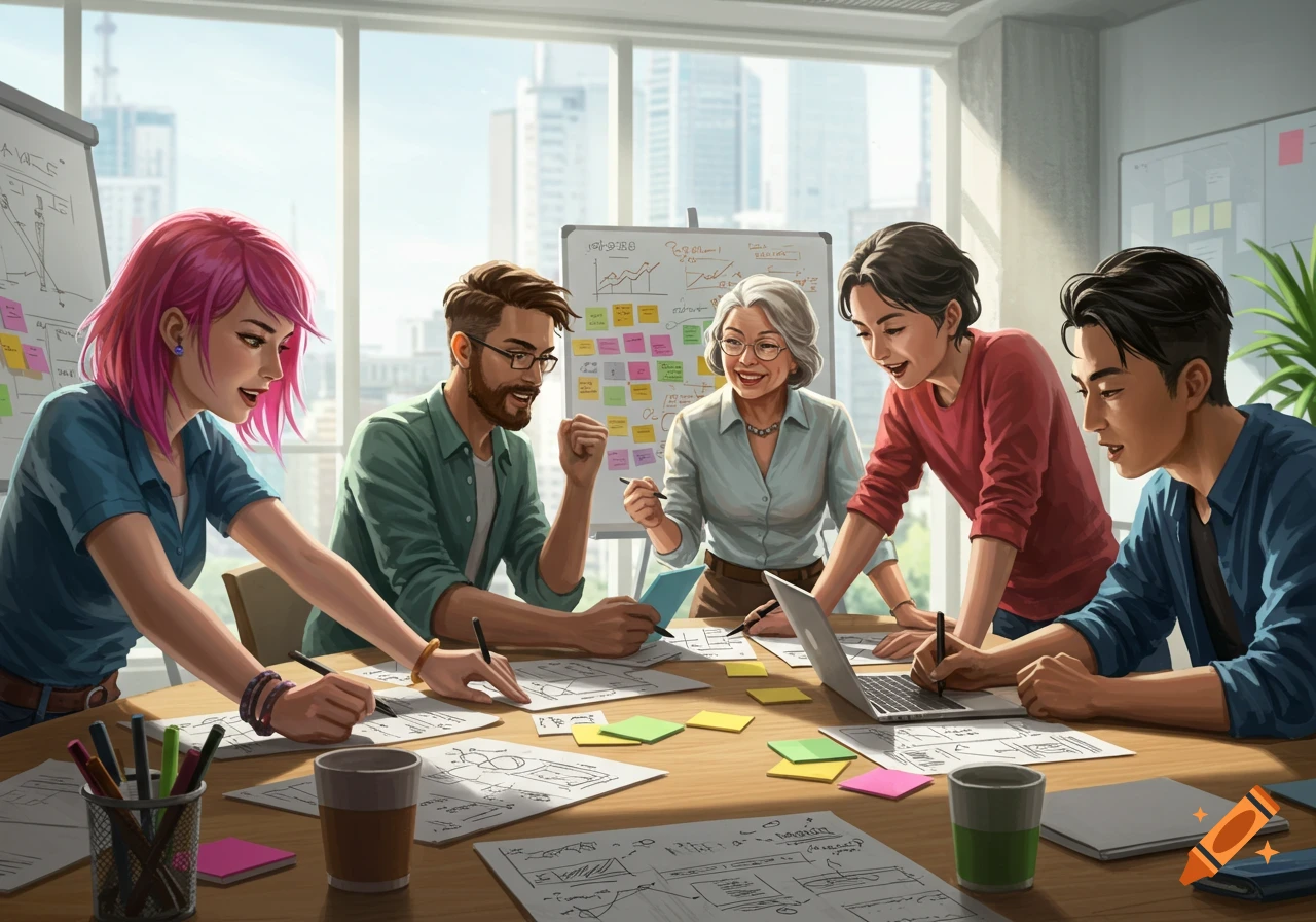 A diverse team collaborates around a table in a brightly lit office with whiteboards and city views, illustration style.