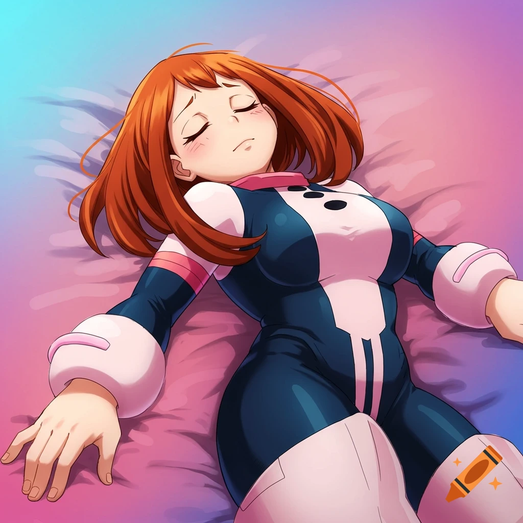 Ochaco Uraraka from My Hero Academia lies down in her hero costume.