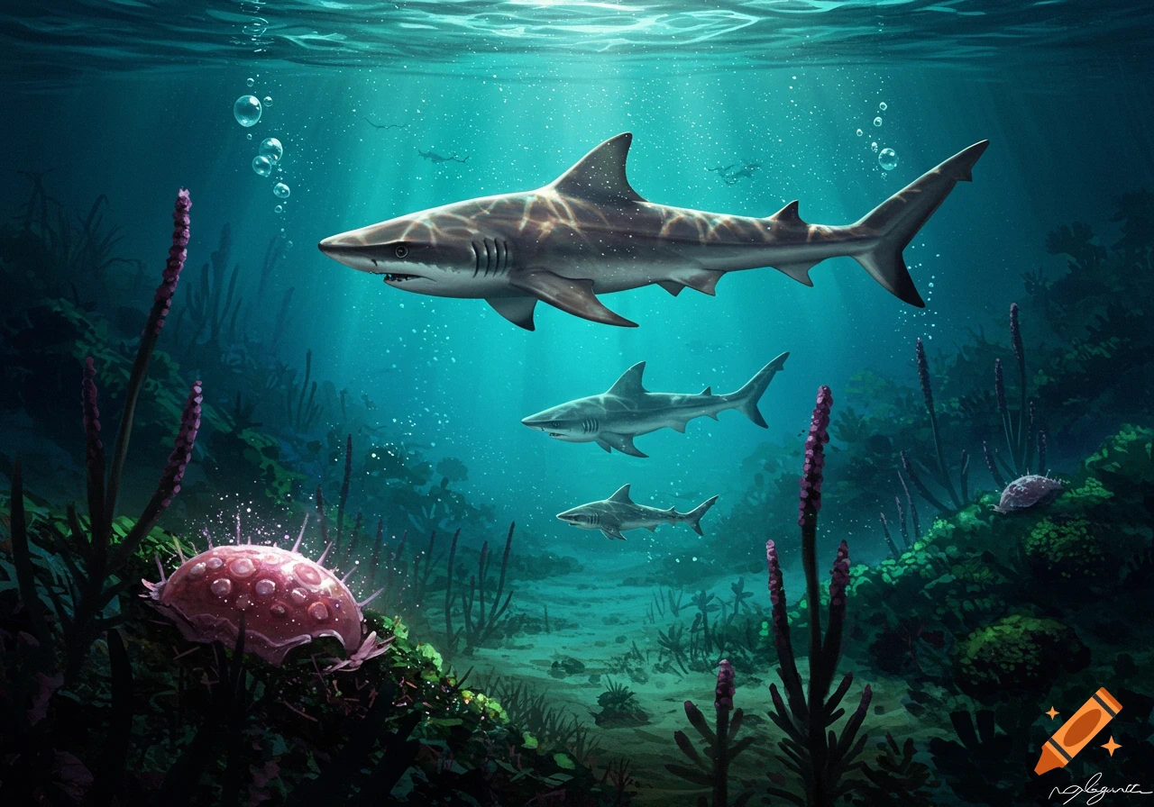 Three sharks swim through an underwater scene with glowing flora and light rays filtering down.