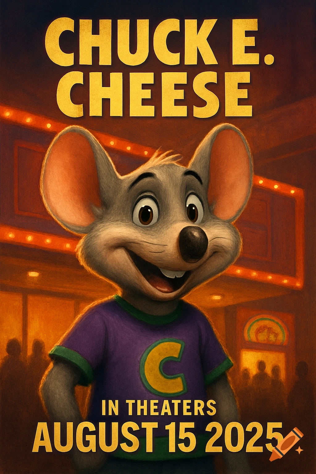 Movie poster for Chuck E. Cheese featuring the character smiling in front of a theater, with release date.