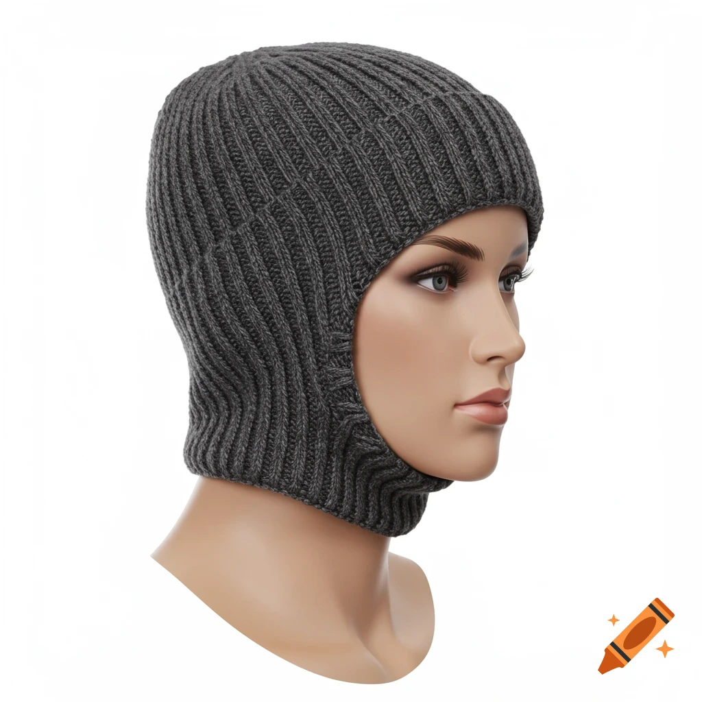 Close-up studio shot of a mannequin wearing a dark gray ribbed knitted balaclava hat.