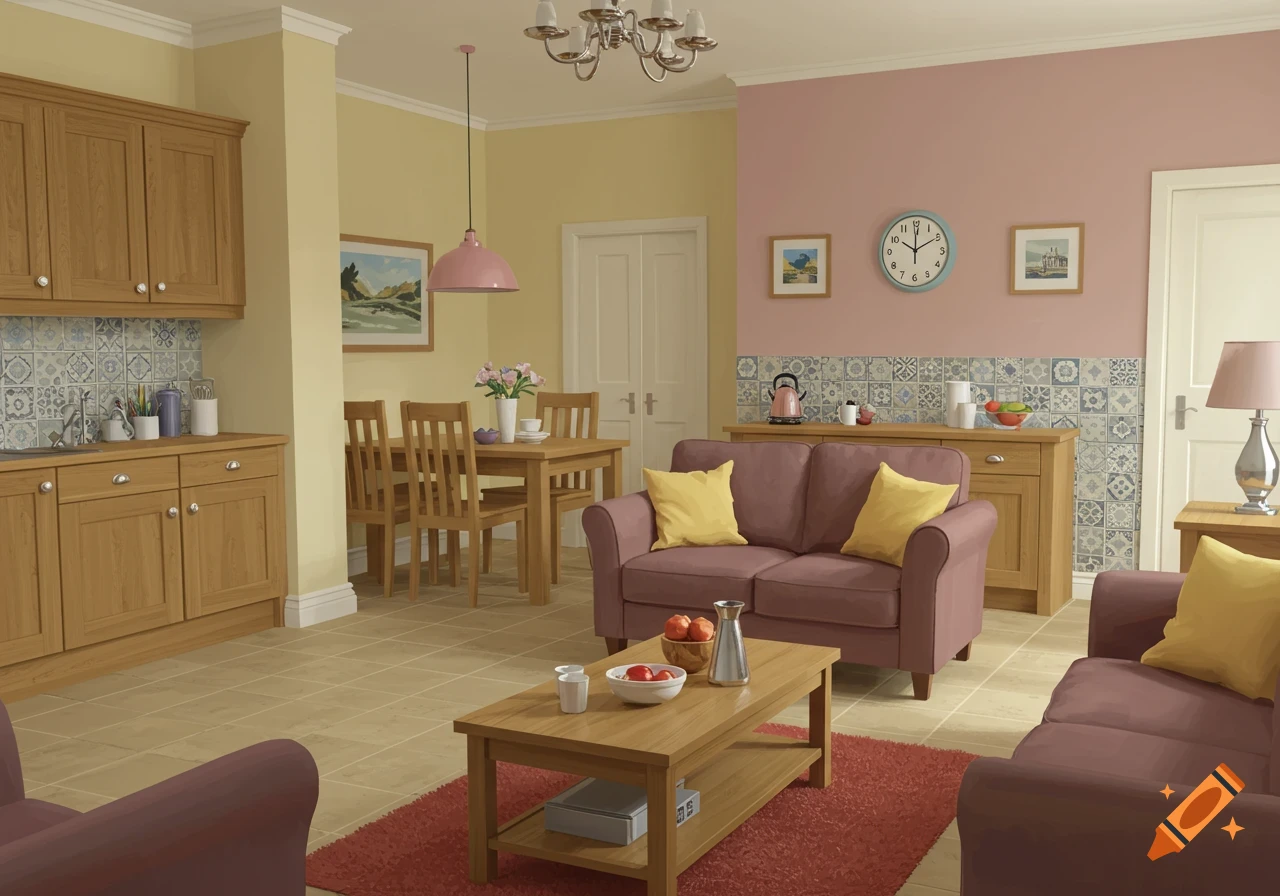 A bright, rendered living and dining room with oak furniture, patterned tiles, and colorful walls.