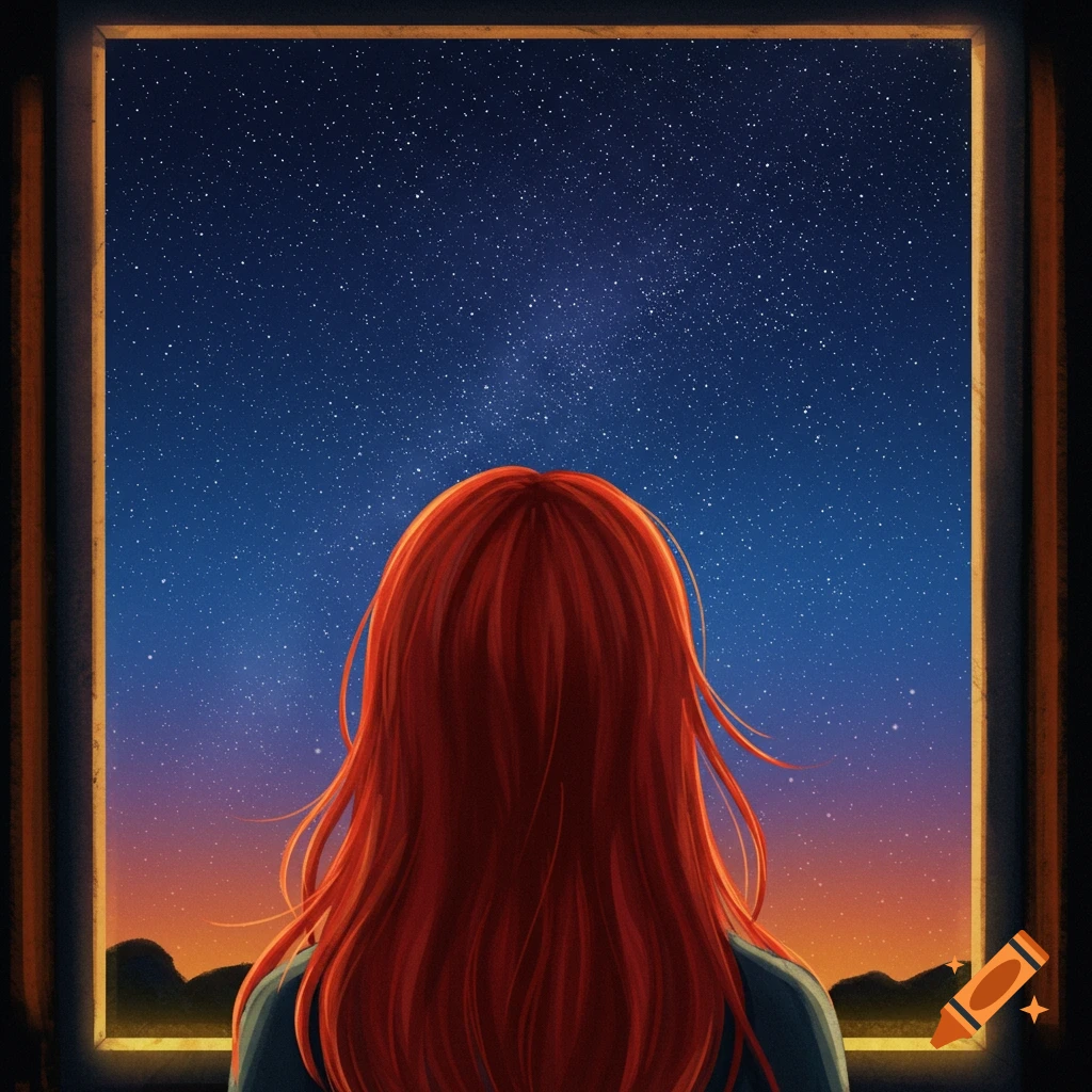 Person with red hair looks out a window at a starry night sky.