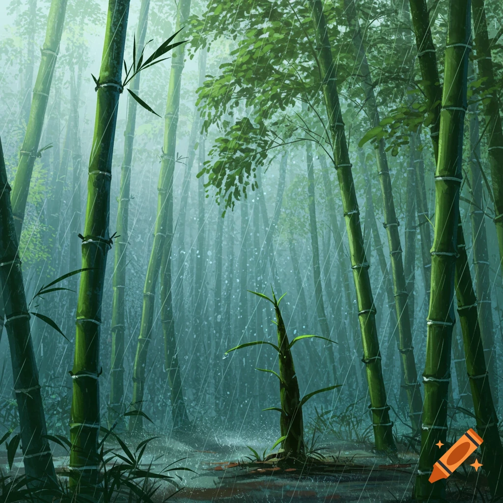 Rain falls on a dense bamboo forest, with a small shoot in the foreground, illustration style.