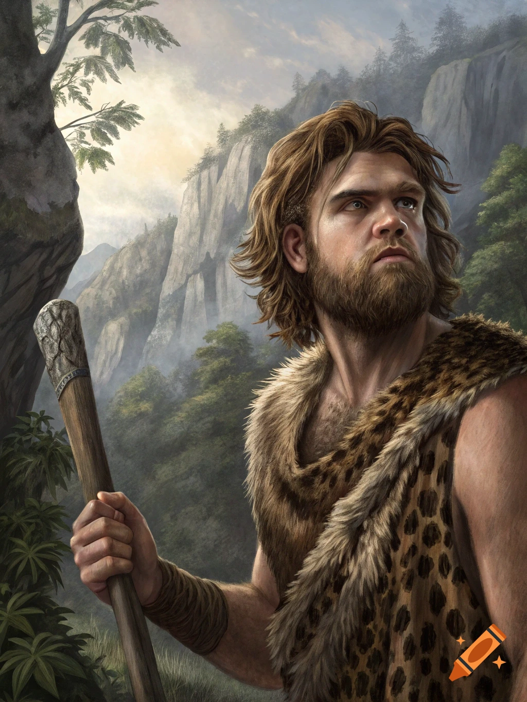 A caveman holding a stick looks into the distance in a lush, rocky prehistoric landscape, illustration style.
