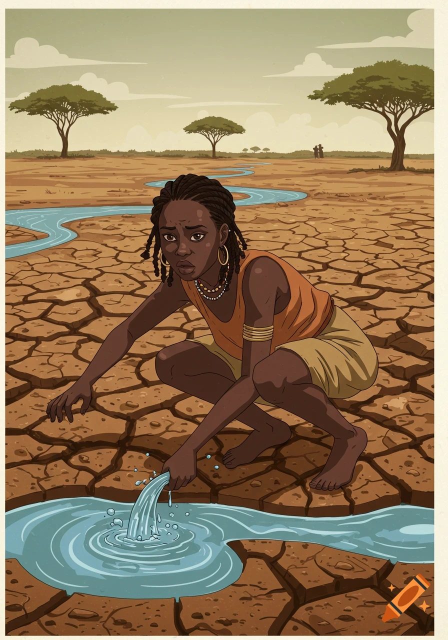 Illustration of an African woman kneeling beside water in a drought-stricken landscape.