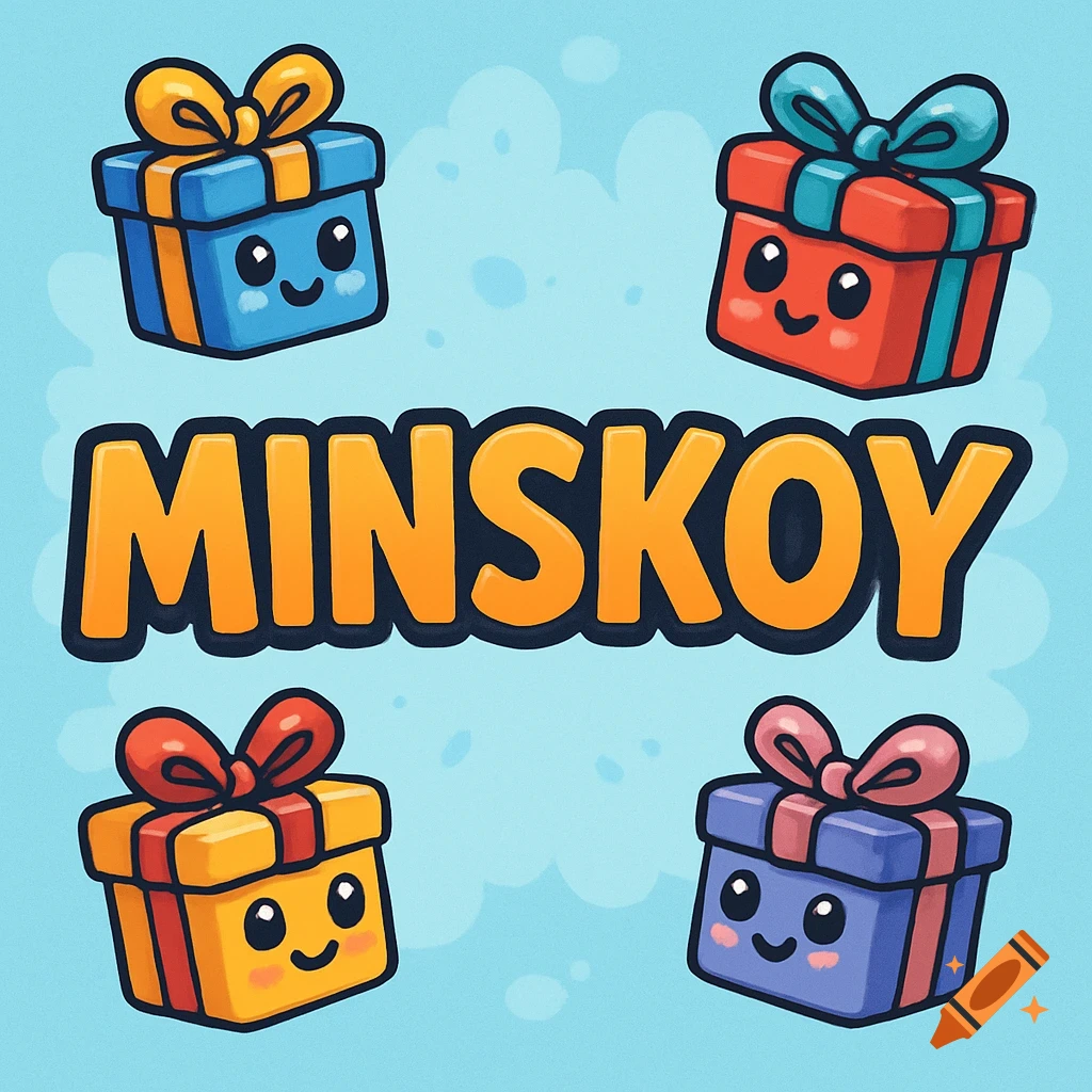 Cartoon style illustration with the orange text "MINSKOY" in the center, surrounded by four colorful gift boxes with cute faces on a light blue background.