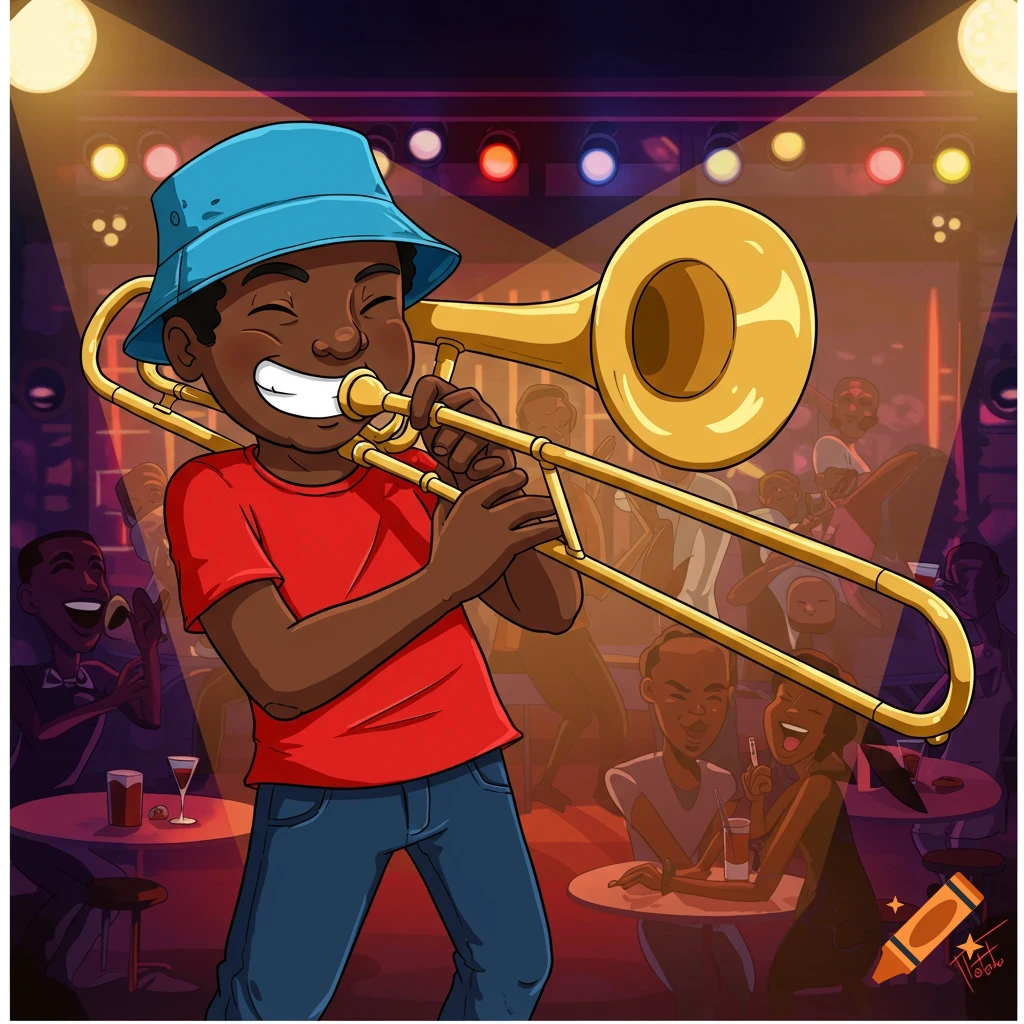 Cartoon of a boy in a blue bucket hat playing a trombone in a jazz club.