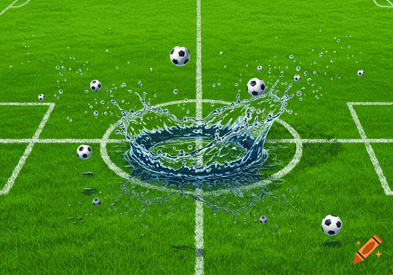 Water splashes on a soccer field with several soccer balls. on Craiyon