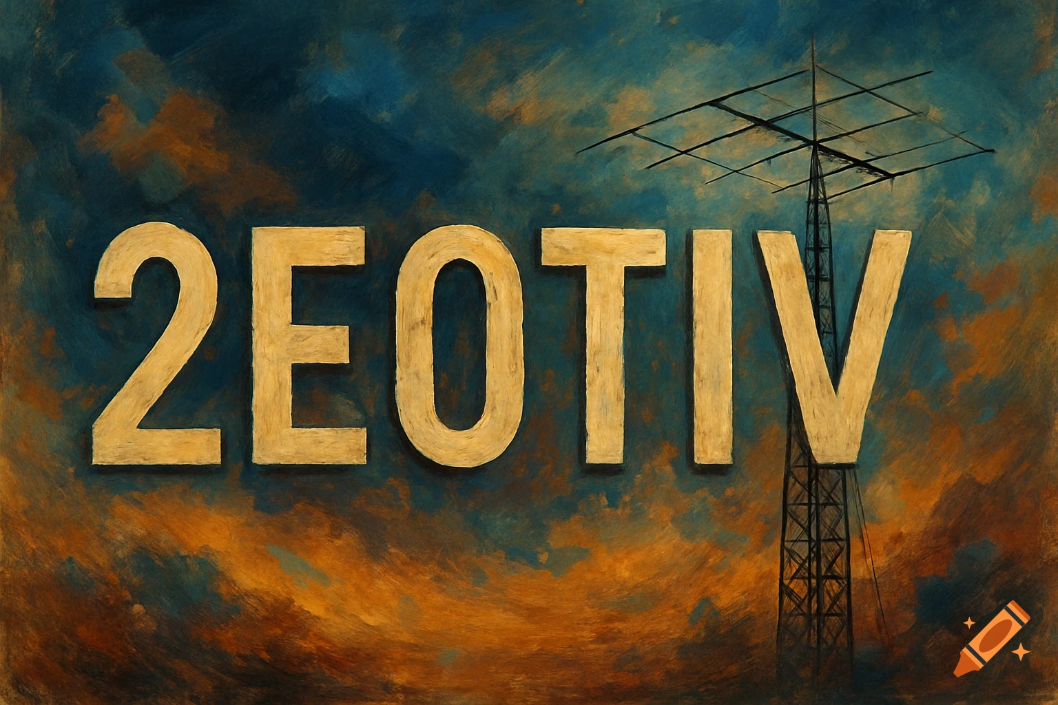 Amateur radio call sign 2E0TIV and a radio tower in a dramatic sky painting.