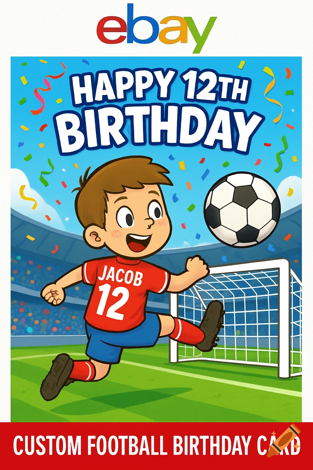Cartoon birthday card for 12-year-old Jacob playing soccer in a stadium.